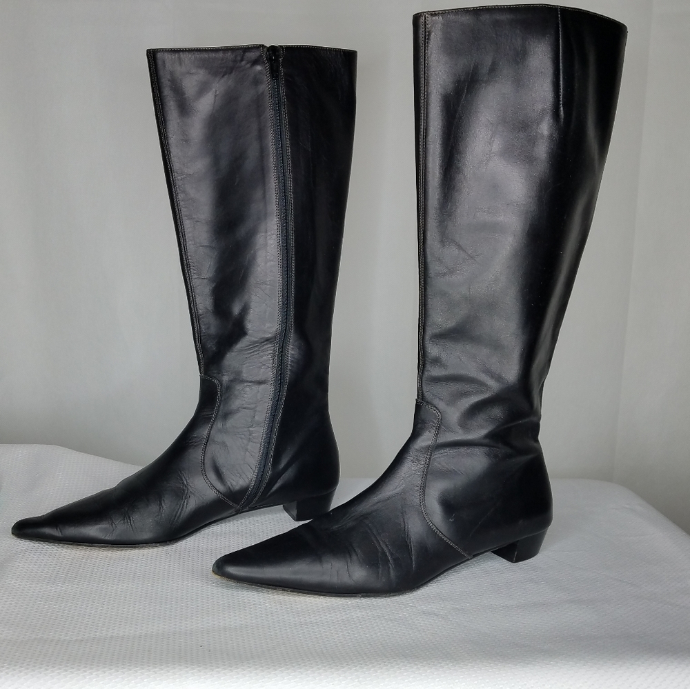 J Crew Knee High Zip Leather Boots Black Low Heel